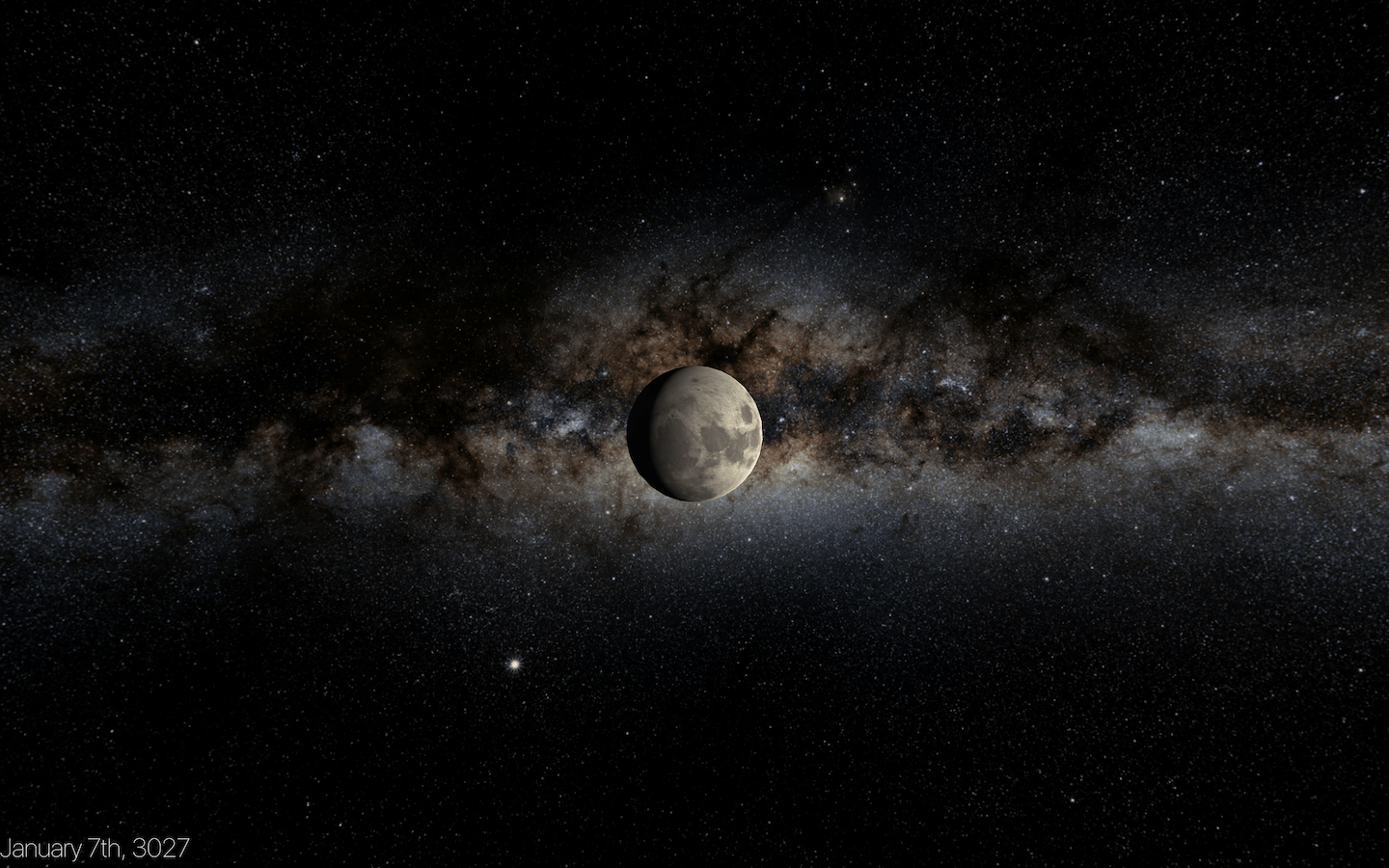 A fictional gray planet shown from space with the date January 7th 3027 shown