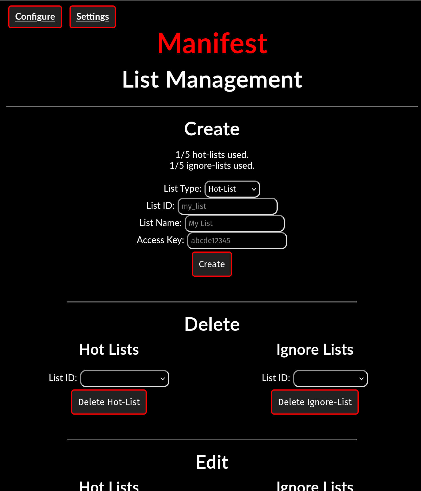A screenshot of the Manifest list management interface