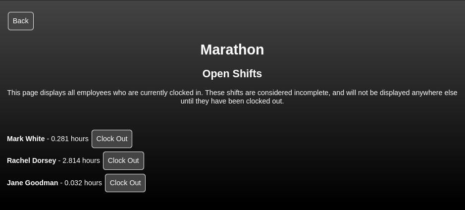 Marathon allows managers and administrators to access all sorts of information, including all of the employees who are currently clocked in.