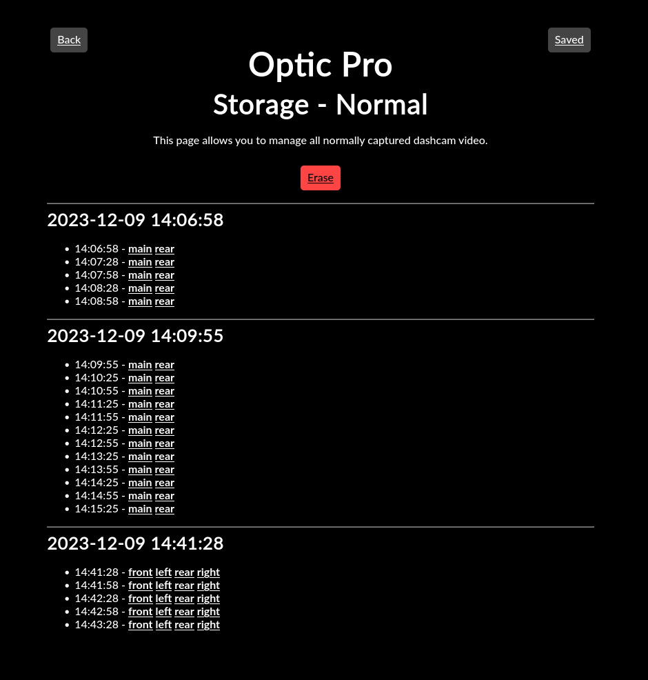 A screenshot of the storage interface of Optic Pro, displayed in dark mode