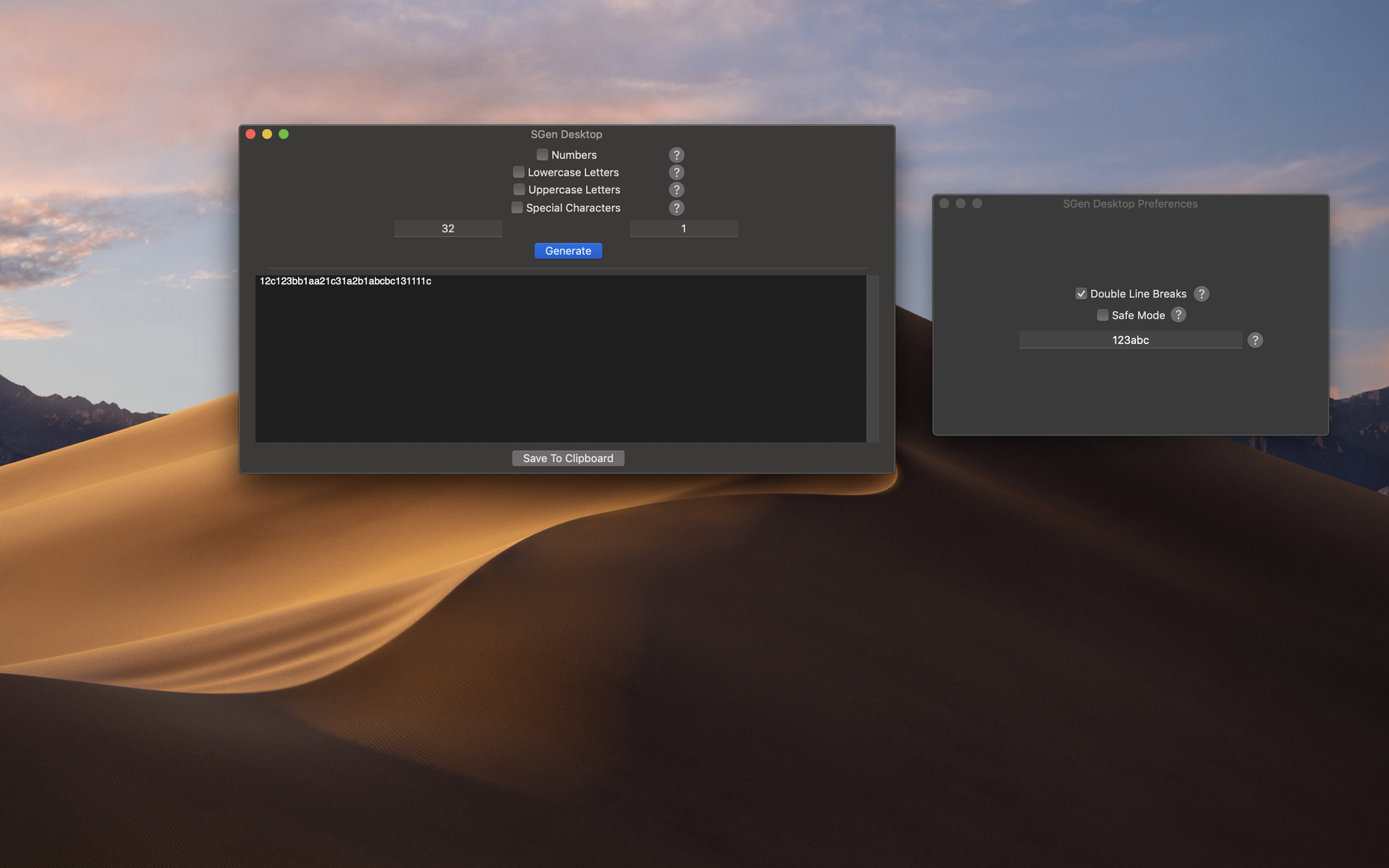Screenshot of SGen Desktop main interface and preferences interface side by side