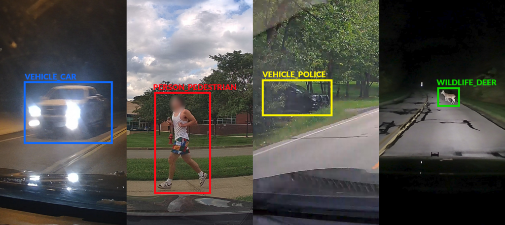 A collage of dash-cam 4 photos, depicting computer vision identifying a vehicle, pedestrian, police car, and deer